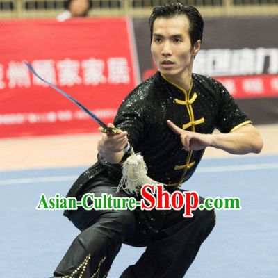 Top Black Kung Fu Competition Championship Uniforms Pants Suit Taekwondo Apparel Karate Suits Attire Robe Championship Costume Chinese Kungfu Jacket Wear Dress Uniform Clothing Taijiquan Shaolin Chi Gong Taichi Suits for Men Women Kids