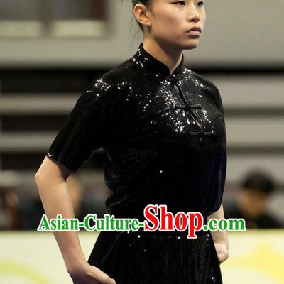 Top Black Kung Fu Competition Championship Uniforms Pants Suit Taekwondo Apparel Karate Suits Attire Robe Championship Costume Chinese Kungfu Jacket Wear Dress Uniform Clothing Taijiquan Shaolin Chi Gong Taichi Suits for Men Women Kids