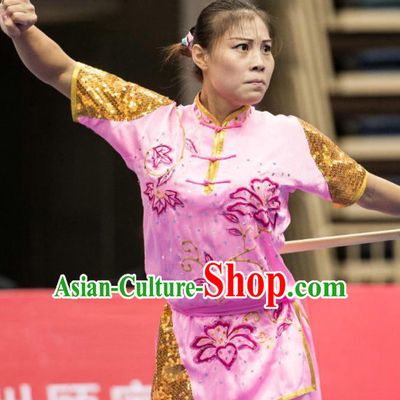 Top Pink Kung Fu Competition Championship Uniforms Pants Suit Taekwondo Apparel Karate Suits Attire Robe Championship Costume Chinese Kungfu Jacket Wear Dress Uniform Clothing Taijiquan Shaolin Chi Gong Taichi Suits for Men Women Kids