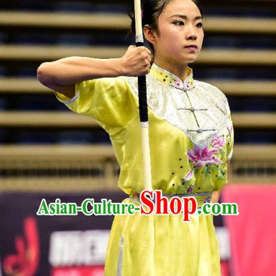 Top Yellow Kung Fu Competition Championship Uniforms Pants Suit Taekwondo Apparel Karate Suits Attire Robe Championship Costume Chinese Kungfu Jacket Wear Dress Uniform Clothing Taijiquan Shaolin Chi Gong Taichi Suits for Men Women Kids