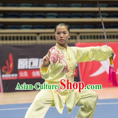 Top Yellow Kung Fu Competition Championship Uniforms Pants Suit Taekwondo Apparel Karate Suits Attire Robe Championship Costume Chinese Kungfu Jacket Wear Dress Uniform Clothing Taijiquan Shaolin Chi Gong Taichi Suits for Men Women Kids