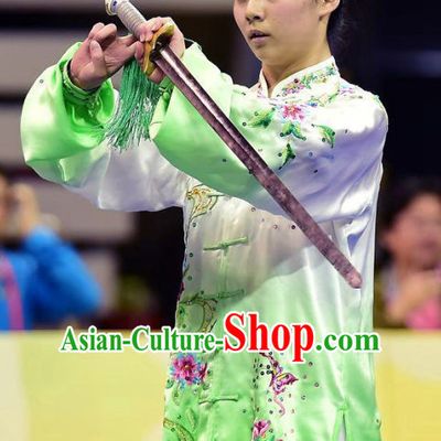 Top Green Kung Fu Competition Championship Uniforms Pants Suit Taekwondo Apparel Karate Suits Attire Robe Championship Costume Chinese Kungfu Jacket Wear Dress Uniform Clothing Taijiquan Shaolin Chi Gong Taichi Suits for Men Women Kids