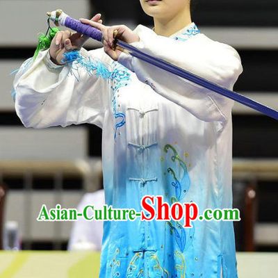 Top Blue White Kung Fu Competition Championship Uniforms Pants Suit Taekwondo Apparel Karate Suits Attire Robe Championship Costume Chinese Kungfu Jacket Wear Dress Uniform Clothing Taijiquan Shaolin Chi Gong Taichi Suits for Men Women Kids