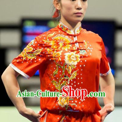 Top Red Kung Fu Competition Championship Uniforms Pants Suit Taekwondo Apparel Karate Suits Attire Robe Championship Costume Chinese Kungfu Jacket Wear Dress Uniform Clothing Taijiquan Shaolin Chi Gong Taichi Suits for Men Women Kids