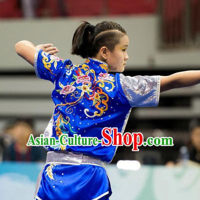 Top Blue Kung Fu Competition Championship Uniforms Pants Suit Taekwondo Apparel Karate Suits Attire Robe Championship Costume Chinese Kungfu Jacket Wear Dress Uniform Clothing Taijiquan Shaolin Chi Gong Taichi Suits for Men Women Kids