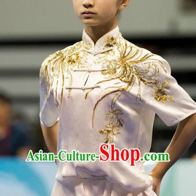 Top White Kung Fu Competition Championship Uniforms Pants Suit Taekwondo Apparel Karate Suits Attire Robe Championship Costume Chinese Kungfu Jacket Wear Dress Uniform Clothing Taijiquan Shaolin Chi Gong Taichi Suits for Men Women Kids