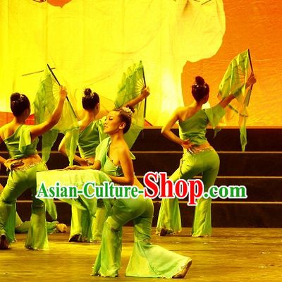 Chinese Green Leaf One Shoulder Dancewear Costumes Dancer Costumes Girls Dance Costumes Chinese Dance Clothes Traditional Chinese Clothes