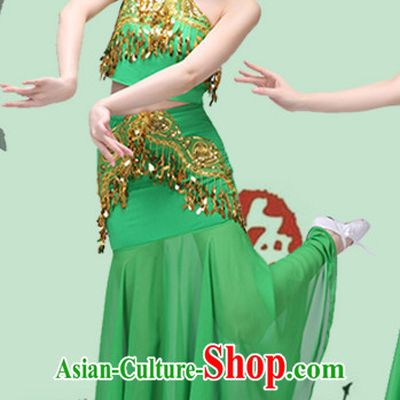 Green Chinese Traditional Stage Dai Minority Ethnic Dance Dancewear Costumes Dancer Costumes Dance Costumes Clothes and Headdress Complete Set for Women