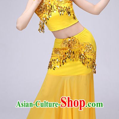 Yellow Chinese Traditional Stage Dai Minority Ethnic Dance Dancewear Costumes Dancer Costumes Dance Costumes Clothes and Headdress Complete Set for Women