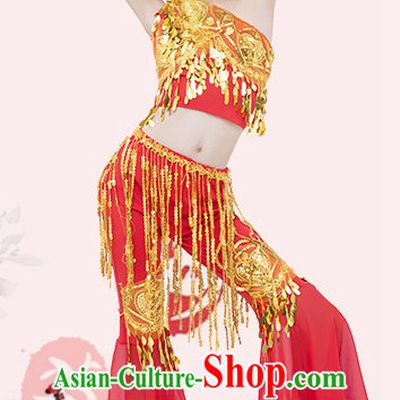 Red Chinese Traditional Stage Dai Minority Ethnic Peacock Dance Dancewear Costumes Dancer Costumes Dance Costumes Clothes and Headdress Complete Set for Girls Kids