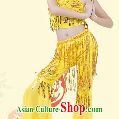 Yellow Chinese Traditional Stage Dai Minority Ethnic Peacock Dance Dancewear Costumes Dancer Costumes Dance Costumes Clothes and Headdress Complete Set for Girls Kids