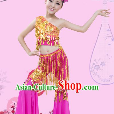 Purple Chinese Traditional Stage Dai Minority Ethnic Peacock Dance Dancewear Costumes Dancer Costumes Dance Costumes Clothes and Headdress Complete Set for Girls Kids