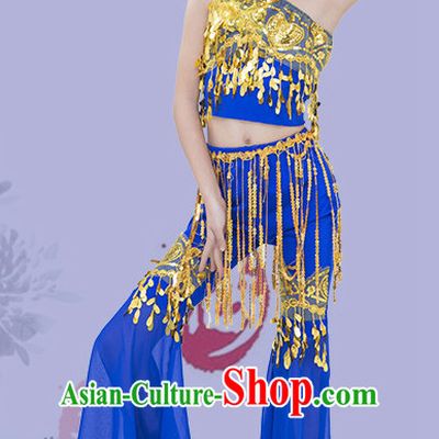 Blue Chinese Traditional Stage Dai Minority Ethnic Peacock Dance Dancewear Costumes Dancer Costumes Dance Costumes Clothes and Headdress Complete Set for Girls Kids