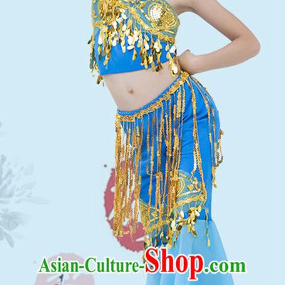 Light Blue Chinese Traditional Stage Dai Minority Ethnic Peacock Dance Dancewear Costumes Dancer Costumes Dance Costumes Clothes and Headdress Complete Set for Girls Kids