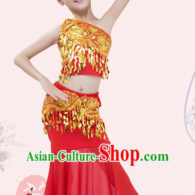 Red Chinese Traditional Stage Dai Minority Ethnic Peacock Dance Dancewear Costumes Dancer Costumes Dance Costumes Clothes and Headdress Complete Set for Girls Kids