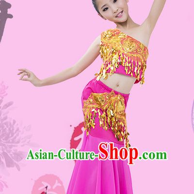 Purple Chinese Traditional Stage Dai Minority Ethnic Peacock Dance Dancewear Costumes Dancer Costumes Dance Costumes Clothes and Headdress Complete Set for Girls Kids