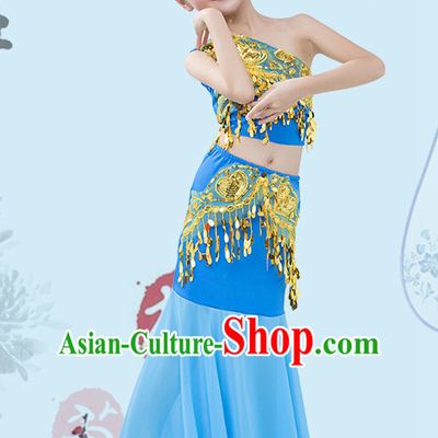 Blue Chinese Traditional Stage Dai Minority Ethnic Peacock Dance Dancewear Costumes Dancer Costumes Dance Costumes Clothes and Headdress Complete Set for Girls Kids