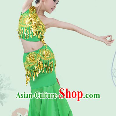 Green Chinese Traditional Stage Dai Minority Ethnic Peacock Dance Dancewear Costumes Dancer Costumes Dance Costumes Clothes and Headdress Complete Set for Girls Kids