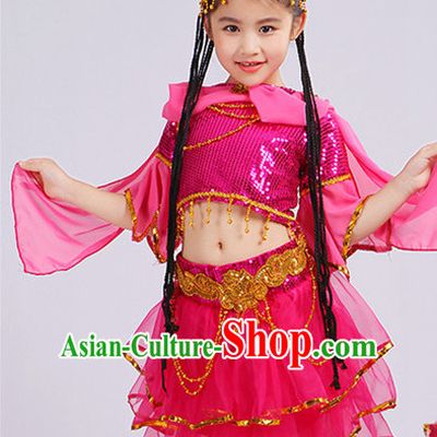 Chinese Traditional Stage Xinjiang Minority Ethnic Dance Dancewear Costumes Dancer Costumes Dance Costumes Clothes and Headdress Complete Set for Girls Kids
