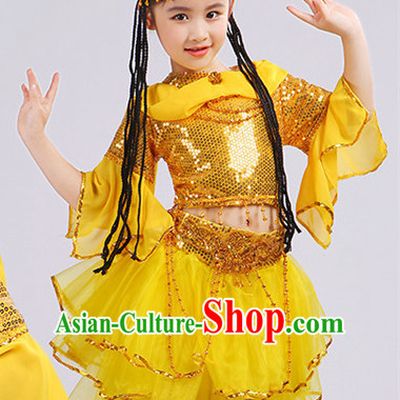 Yellow Chinese Traditional Stage Xinjiang Minority Ethnic Dance Dancewear Costumes Dancer Costumes Dance Costumes Clothes and Headdress Complete Set for Girls Kids