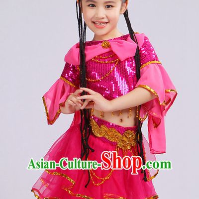 Chinese Traditional Stage Xinjiang Minority Ethnic Dance Dancewear Costumes Dancer Costumes Dance Costumes Clothes and Headdress Complete Set for Girls Kids