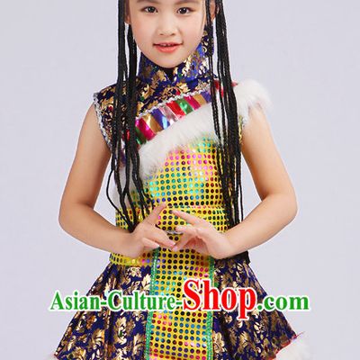 Chinese Traditional Stage Tibetan Minority Ethnic Dance Dancewear Costumes Dancer Costumes Dance Costumes Clothes and Headdress Complete Set for Girls Kids