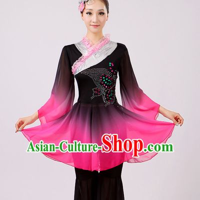 Chinese Traditional Stage Fan Dance Dancewear Costumes Dancer Costumes Dance Costumes Clothes and Headdress Complete Set for Girls Ladies