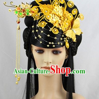 Chinese Classical Princess Gold Headwear Headdress and Long Wigs