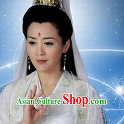 Chinese Ancient Classical Guanyin Hair Jewelry Headwear Headdress and Long Wigs