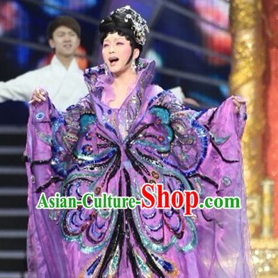 High Collar Chinese Traditional Ancient Empress Butterfly Costumes Garment and Hair Jewelry Complete Set for Women Girls