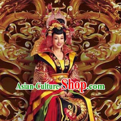 Tang Dynasty Chinese Traditional Ancient Empress Costumes Garment and Hair Jewelry Complete Set for Women Girls