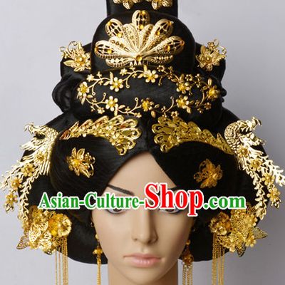 Chinese Classical Princess Queen Empress Hair Jewelry Headwear Headdress and Long Wigs