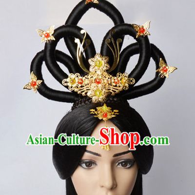 Chinese Classical Princess Queen Empress Hair Jewelry Headwear Headdress and Long Wigs