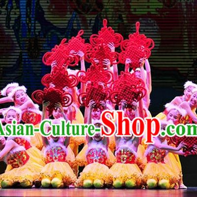 Chinese Red Knot Dance Costumes and Hat Complete Set