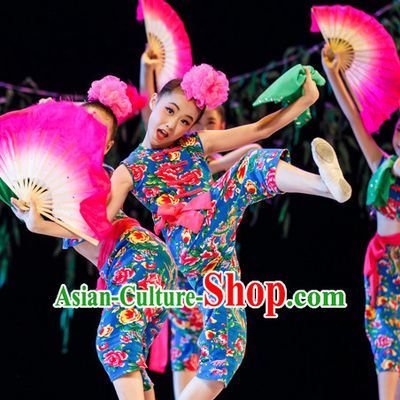 Chinese Folk Fan Dance Costumes Complete Set for Kids Girls