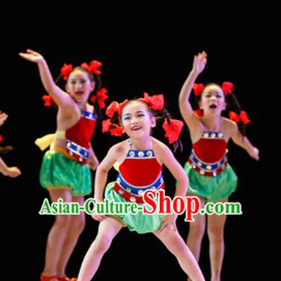 Chinese Traditional Folk Fan Dance Costumes Complete Set for Kids Girls