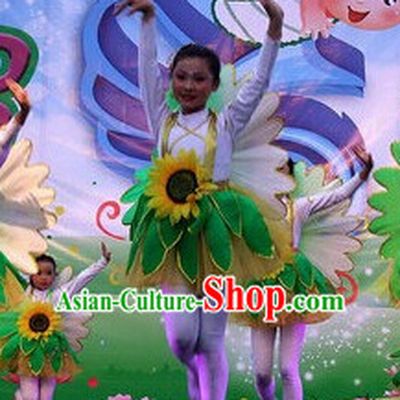 Chinese Primary School Students Sunflower Dance Outfits Costumes Complete Set for Kids Girls