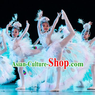 Chinese Primary School Students Peacock Dance Outfits Costumes Complete Set for Kids Girls