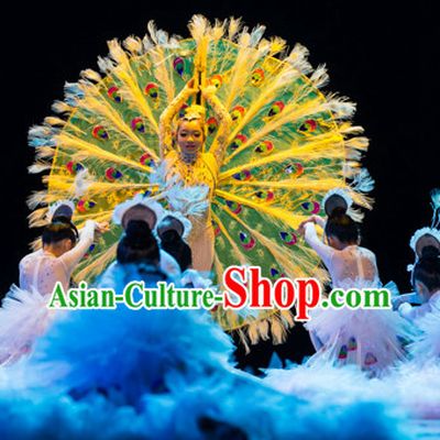 Chinese Primary School Students Peacock Dance Outfits Costumes Complete Set for Kids Girls