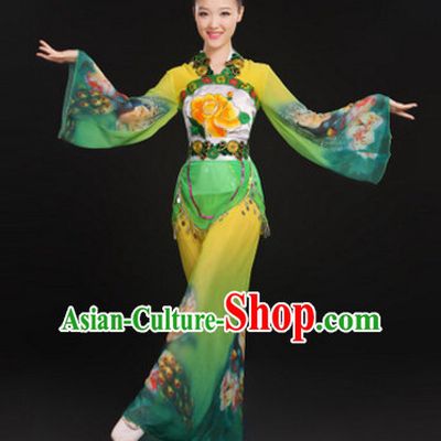 Chinese Folk Dance Costumes Traditional Chinese Fan Dancing Costume Ribbon Dancewear and Headwear Complete Set for Women Girls or Kids