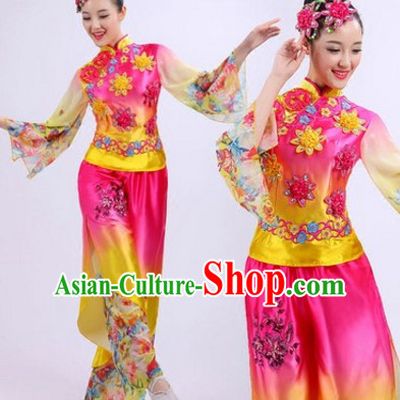 Chinese Folk Dance Costumes Traditional Chinese Fan Dancing Costume Ribbon Dancewear and Headwear Complete Set for Women Girls or Kids