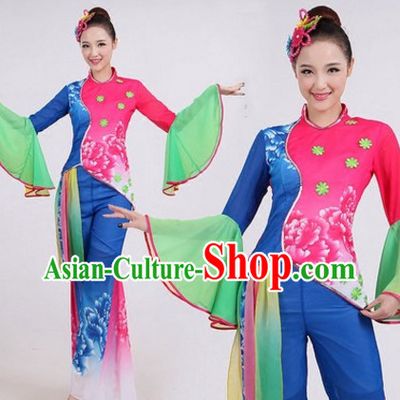 Chinese Folk Dance Costumes Traditional Chinese Fan Dancing Costume Ribbon Dancewear and Headwear Complete Set for Women Girls or Kids