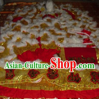 Gold Color White Wool Top Asian Chinese Lion Dance Pants Claws Tail Body Costumes Set