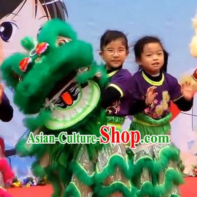 Green Top 100_ Natural Long Wool Elementary Lion Dance Costumes Complete Set for Kids Children Boys Girls