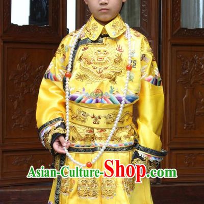 Qing Dynasty Chinese Emperor Embroidered Dragon Robe Hanfu Dresses Garment and Crown Complete Set for Men and Boys
