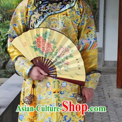 Qing Dynasty Chinese Emperor Embroidered Dragon Robe Hanfu Dresses Garment and Crown Complete Set for Men
