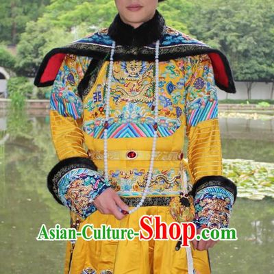 Qing Dynasty Chinese Emperor Embroidered Dragon Robe Hanfu Dresses Garment and Crown Complete Set for Men