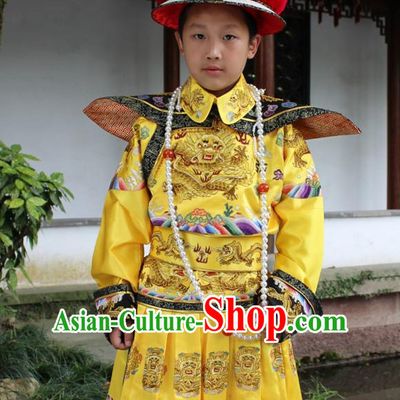 Qing Dynasty Chinese Emperor Embroidered Dragon Robe Hanfu Dresses Garment and Crown Complete Set for Boys Children Kids