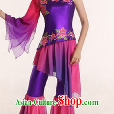 One Shoulder Chinese Festival Celebration Fan Dance Costumes and Headdress Complete Set for Women