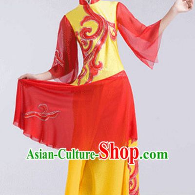 Yellow Chinese Folk Fan Dancewear and Headdress Complete Set for Women